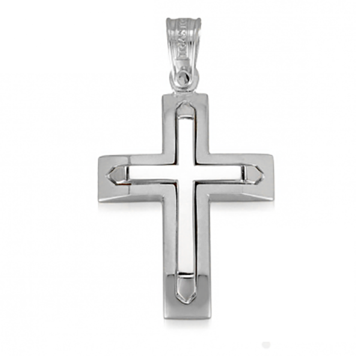 Modern Religious Christian Cross Pendant Dual Tone 14k White Gold Triantos