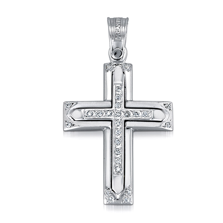 Triantos Orthodox Christian cross pendant made in Greece with 14K White gold for woman with 26 diamond shaped stones for baptism engagement religious catholic celebration