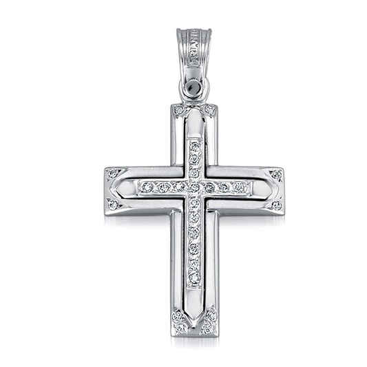 Triantos Orthodox Christian cross pendant made in Greece with 14K White gold for woman with 26 diamond shaped stones for baptism engagement religious catholic celebration