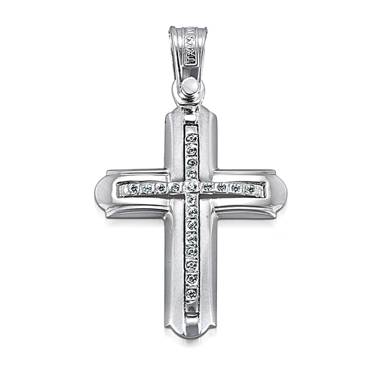White Gold Triantos cross made in Greece  with 21 cubic zirconia stones with a matte and polished finished for woman baptism or engagement