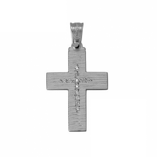 14K White Gold Cross Pendant with Brushed Effect and Stones