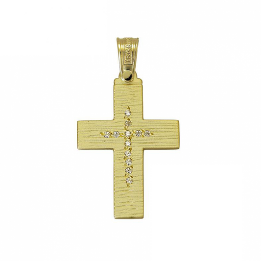 Yellows Gold cross with stones and a brushed texture