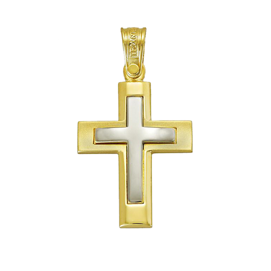 Modern religious cross with concave vertical center and convex horizontal middle in yellow gold that surrounds a white gold cross in the center.