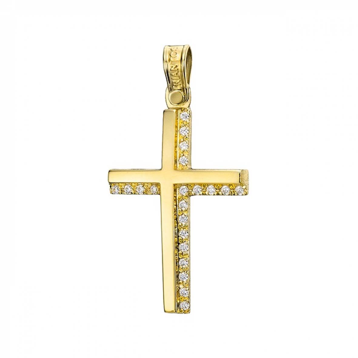 feminine yellow gold cross with 21 cubic zirconia diamond-shaped stones on the right and bottom of the solid yellow cross