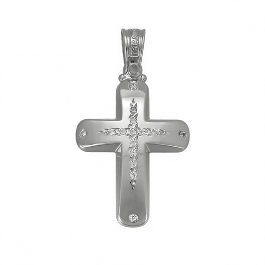 White Gold Rounded Edge Cross Pendant with Sparkling Stones