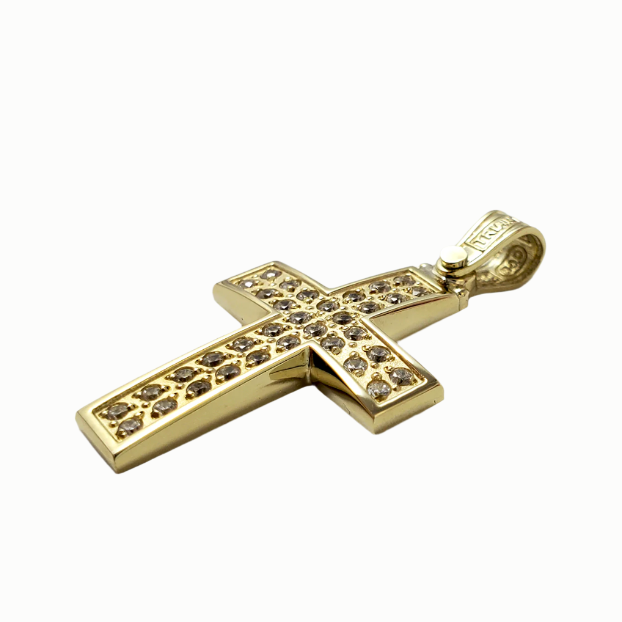 Double Stone Row Cross Necklace Charm in 14K Gold Yellow Gold