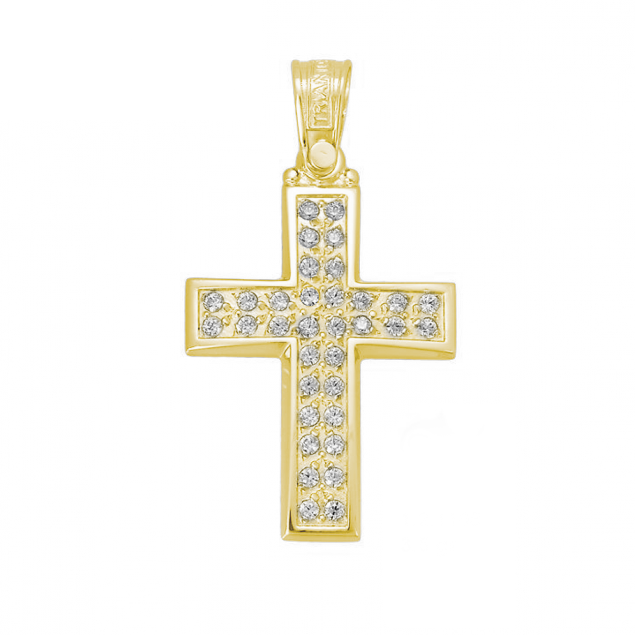Double Stone Row Cross Necklace Charm in 14K Gold Yellow Gold