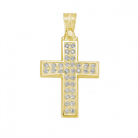 Double Stone Row Cross Necklace Charm in 14K Gold Yellow Gold