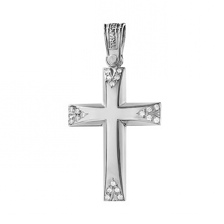 Solid Triantos 14K Cross Pendant lightly raised in high polish finish and cubic zirconia stones on the curved ends.