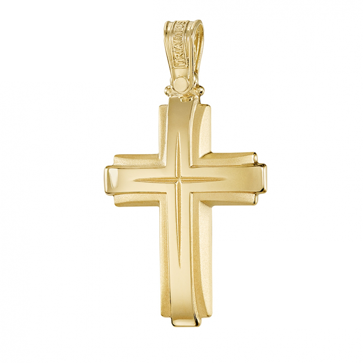 Triantos Greek Gold Cross With a unique combination of matte and polished finishes and a chiseled centre
