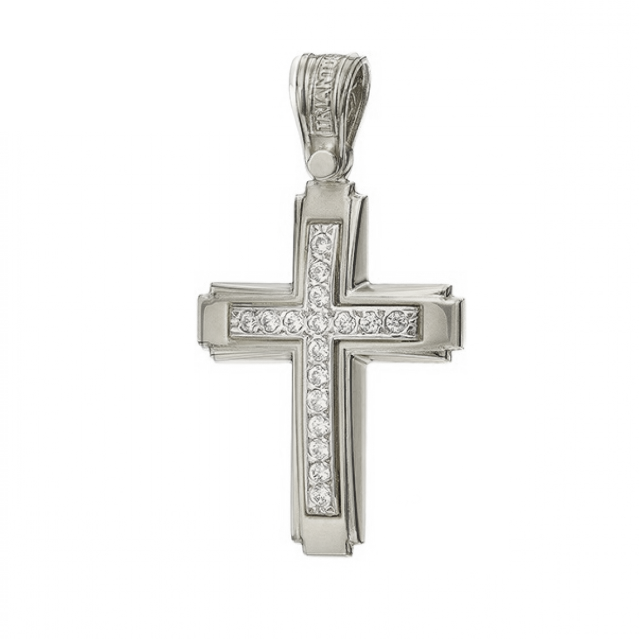 Triantos jewelry White Gold Orthodox Cross Pendant with Center Stone for Women