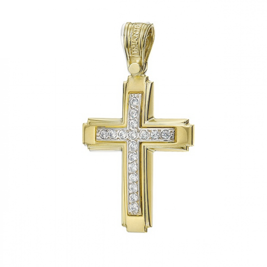 A yellow gold Orthodox cross pendant with a sparkling stone at its center