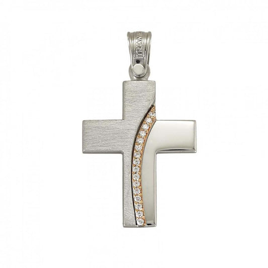 Rose Gold and White Gold Cross Pendant with Brushed and Polished Finish