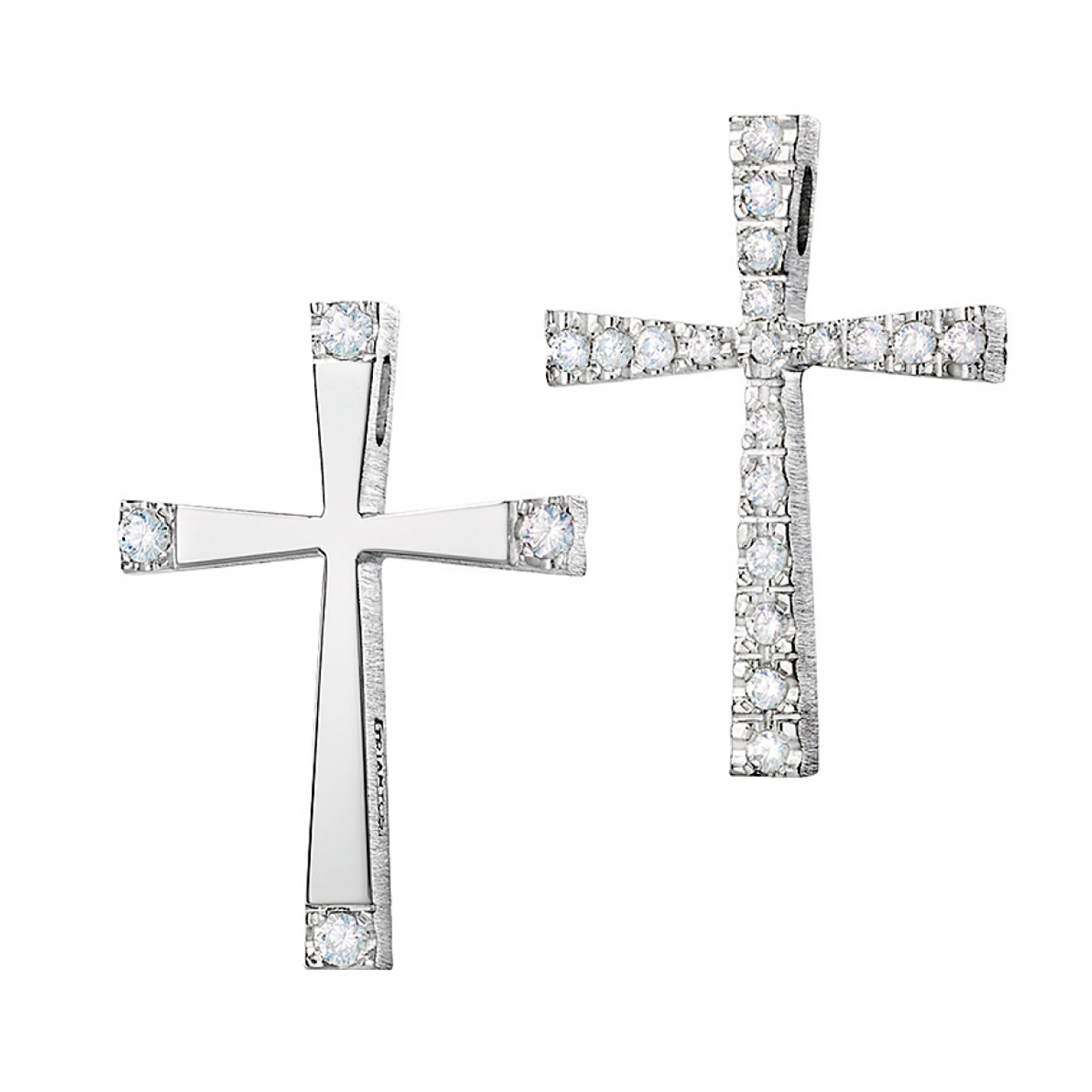 A delicate 14k gold cross pendant necklace adorned with sparkling diamond-shaped precious stones, symbolizing faith and elegance when worn.