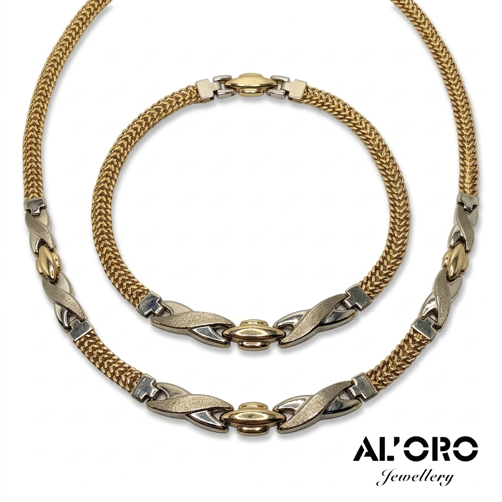 Greek Key 14K Gold Demi Parure Jewelry Suit Matching Necklace and Bracelet