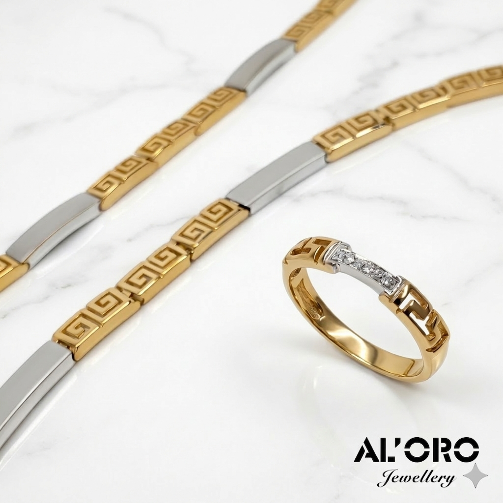 Greek Key 14K Gold Full Parure Jewelry Suit Matching Necklace Bracelet Ring
