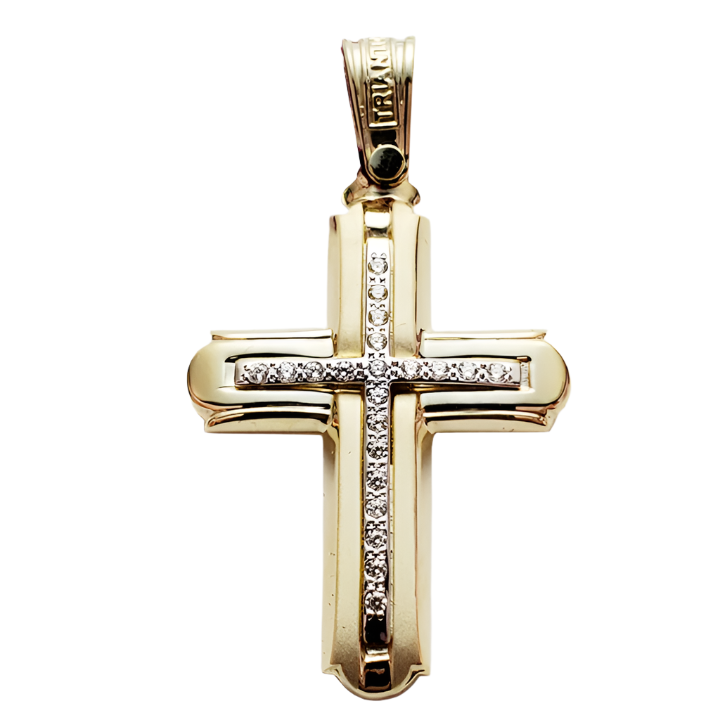White Gold Triantos cross made in greece with 21 cubic zerconia stones with a matte and polished finished for woman baptism or engagement