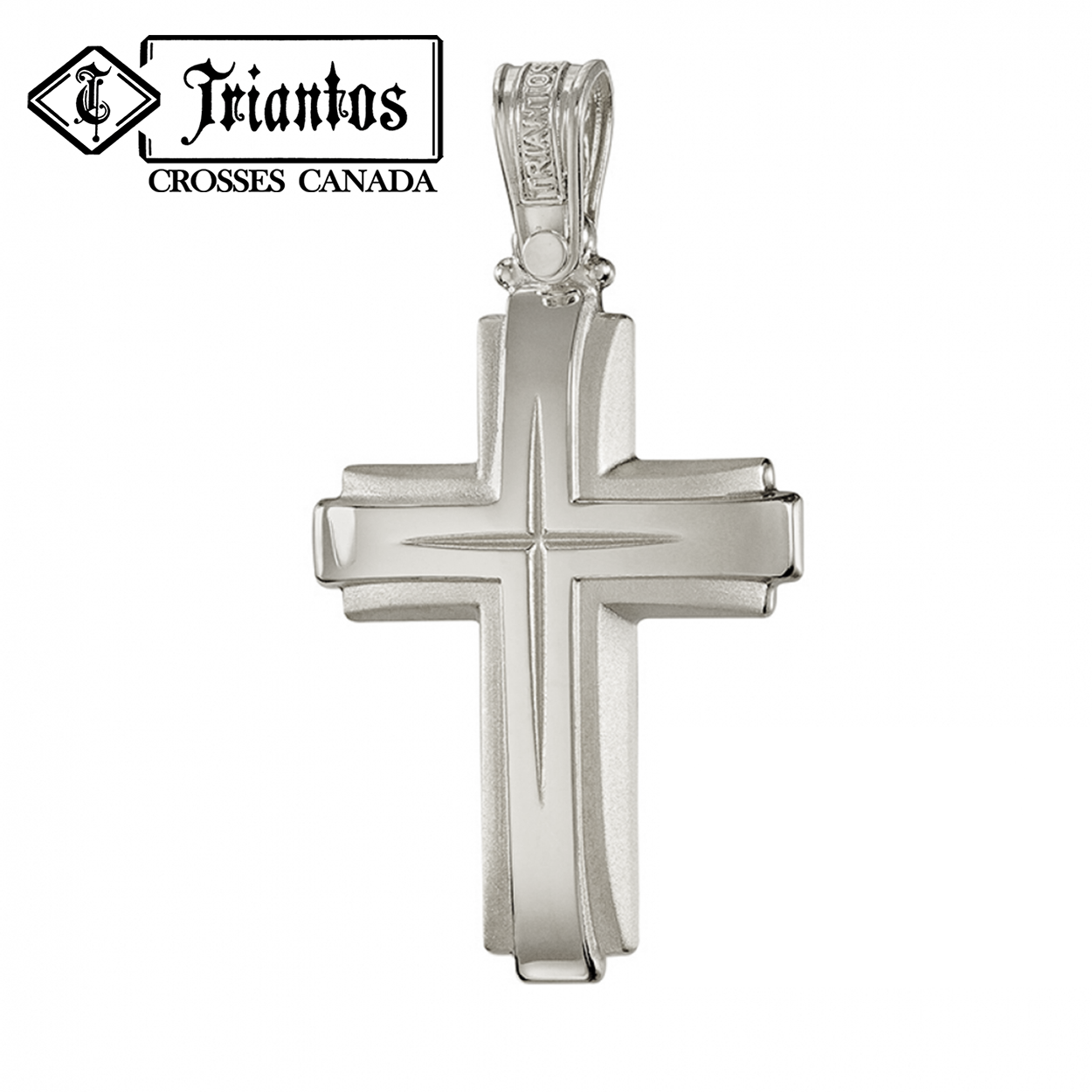 14k White Gold Modern Cross Pendant Chiseled Center Triantos