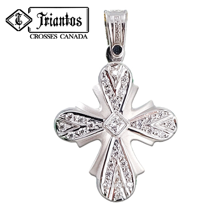 gleaming 14k gold cross pendant necklace with 27 sparkling cubic zirconia stones, a dazzling stone in the middle and a brilliant buffed luster and matte finish