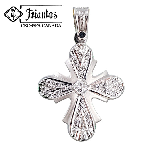 gleaming 14k gold cross pendant necklace with 27 sparkling cubic zirconia stones, a dazzling stone in the middle and a brilliant buffed luster and matte finish