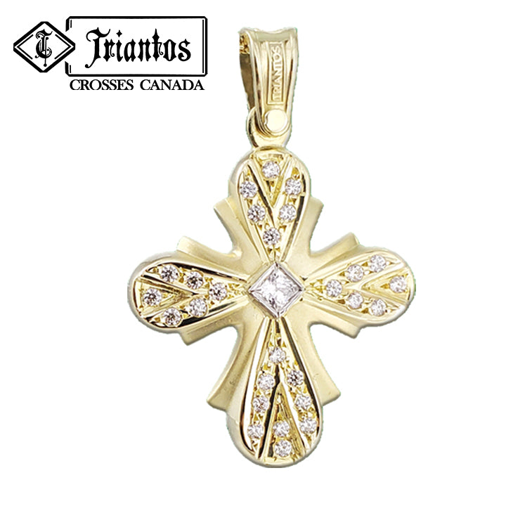 gleaming 14k gold cross pendant necklace with 27 sparkling cubic zirconia stones, a dazzling stone in the middle and a brilliant buffed luster and matte finish