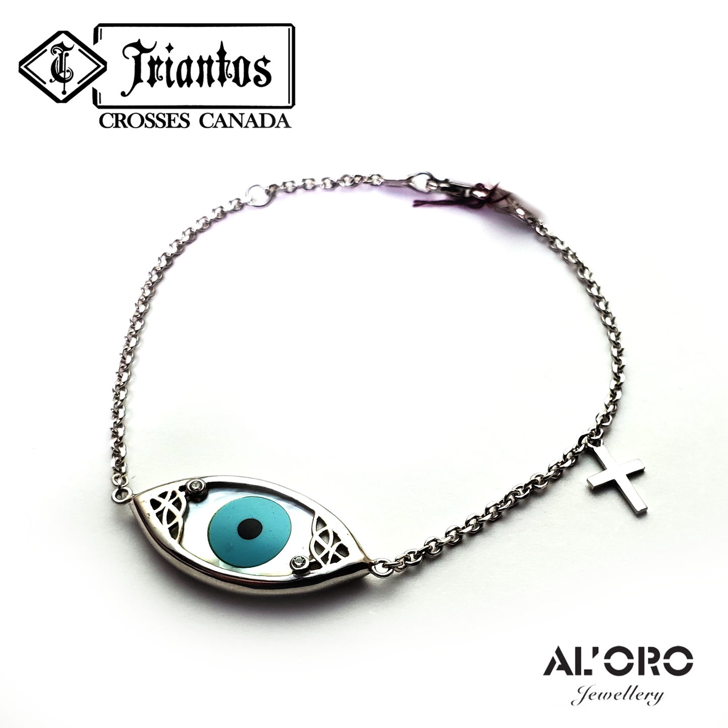 AL'ORO 14K Gold Big Evil Eye And Cross With Iridescent White Seashell Bracelet