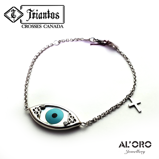 AL'ORO 14K Gold Big Evil Eye And Cross With Iridescent White Seashell Bracelet