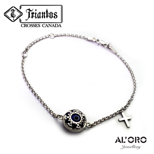 AL'ORO 14K Yellow Gold Evil Eye And Cross Bracelet Round Frame