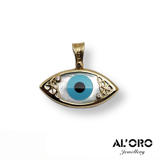 AL'ORO 14K Yellow Gold Big Evil Eye Pendant Necklace With Iridescent White Seashell