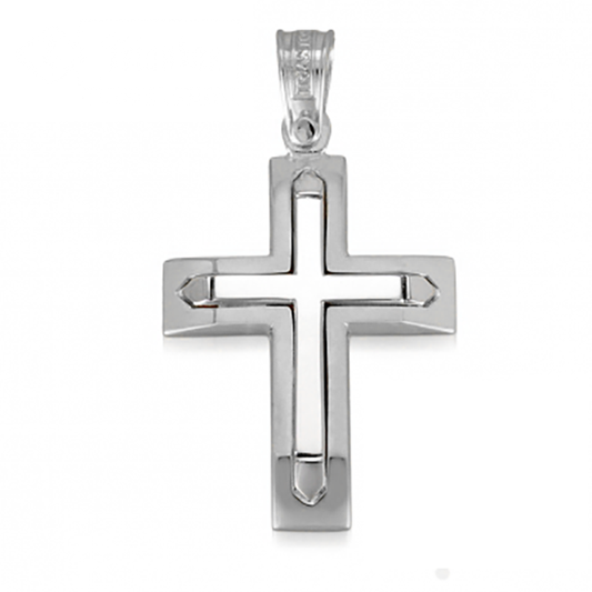 Modern Religious Christian Cross Pendant Dual Tone 14k White Gold Triantos