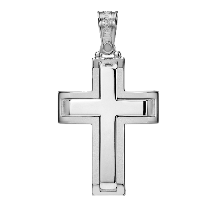 Solid Triantos Gold Orthodox Christian cross within white gold with a polished center and a matte outline. 