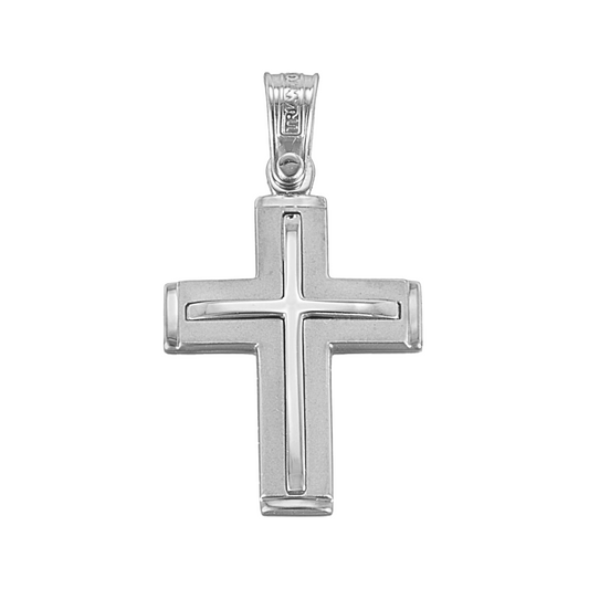 White Gold Christian Cross Matte Finish Outlining Polished Inner Cross