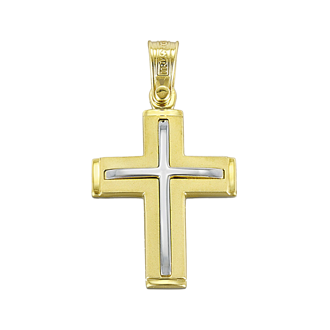 Triantos cross pendant, made in 14k gold, is beautifully designed with a both white and yellow gold finish.