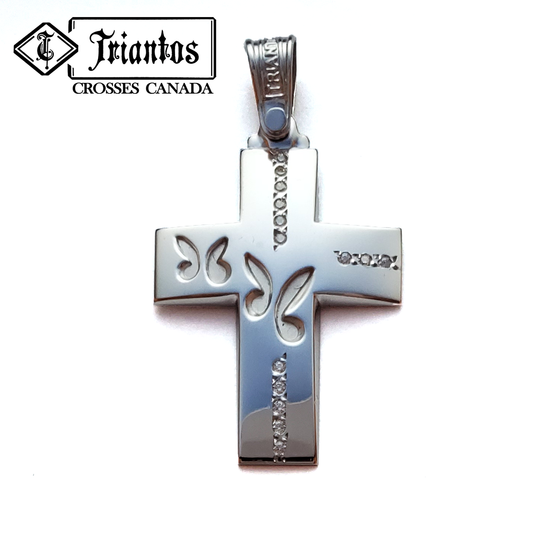 Triantos White Gold Cross with stones and 2 butterfly engravings 