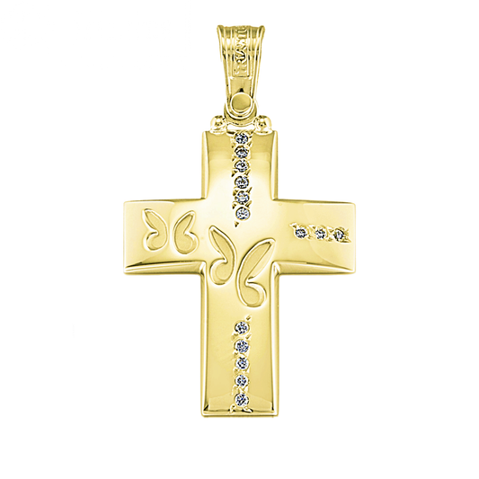 Triantos Yellow Gold Cross with stones and 2 butterfly engravings 