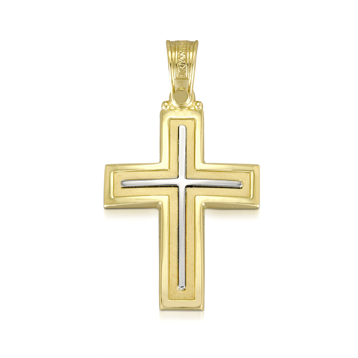 14K Yellow Gold Polished and Matte Religious Christian Cross with dual tone and texture. 