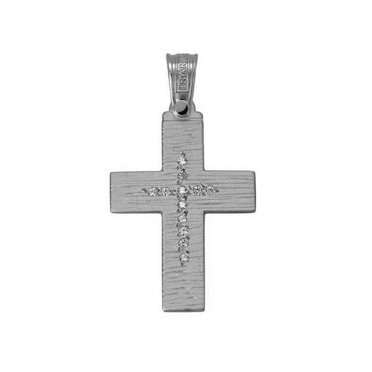 14K White Gold Cross Pendant with Brushed Effect and Stones