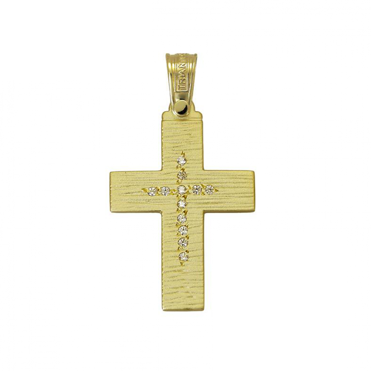 Yellows Gold cross with stones and a brushed texture 