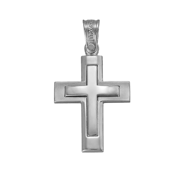 Modern religious cross with a polished concave vertical center and matte convex horizontal middle that surrounds a cross in the center