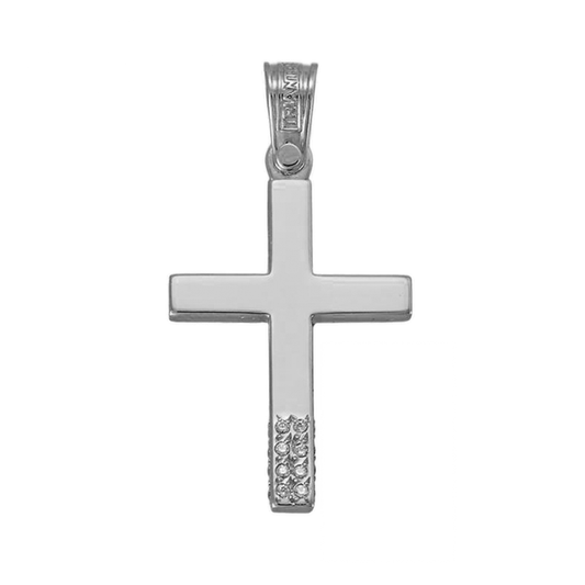 Solid Triantos white 14K Gold Orthodox Christian cross with 16 Cubic Zirconia diamond shaped stones  surrounding 1/4 of the bottom