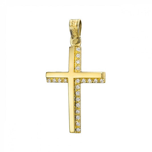 feminine yellow gold cross with 21 cubic zirconia diamond-shaped stones on the right and bottom of the solid yellow cross 