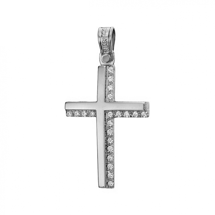 feminine white gold cross with 21 cubic zirconia diamond-shaped stones on the right and bottom of the solid white cross 