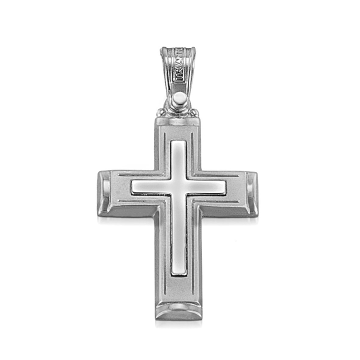 Modern cross pendant made in white gold with high polish edges and a matte finish outline that surrounds a polished white gold cross in the center