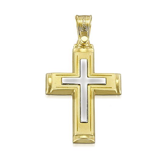 Modern dual-tone cross pendant with yellow gold high polish edges and a matte finish in the center surrounding a polished white gold cross.