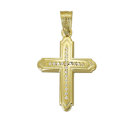 Woman's yellow gold cross pendant centered with 21 Sparkling cubic zirconia diamond-shaped stones and edged outline