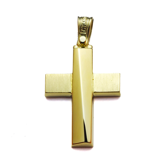  14k gold cross pendant available in white and yellow, features a split edge for a unique twist on this religious symbol. 