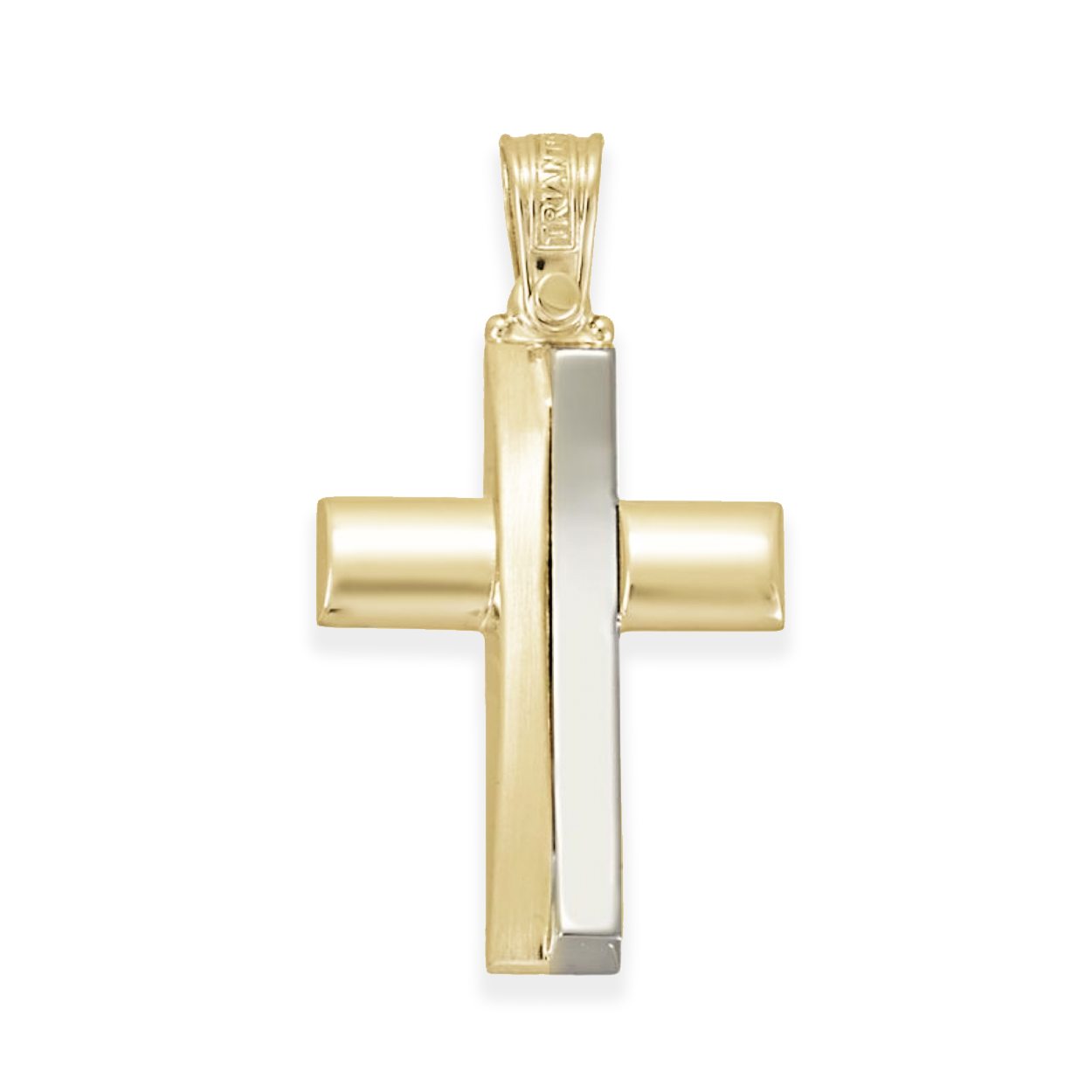 Triantos cross pendant, made in 14k gold, is beautifully designed with a both white and yellow gold finish, and abstract style.