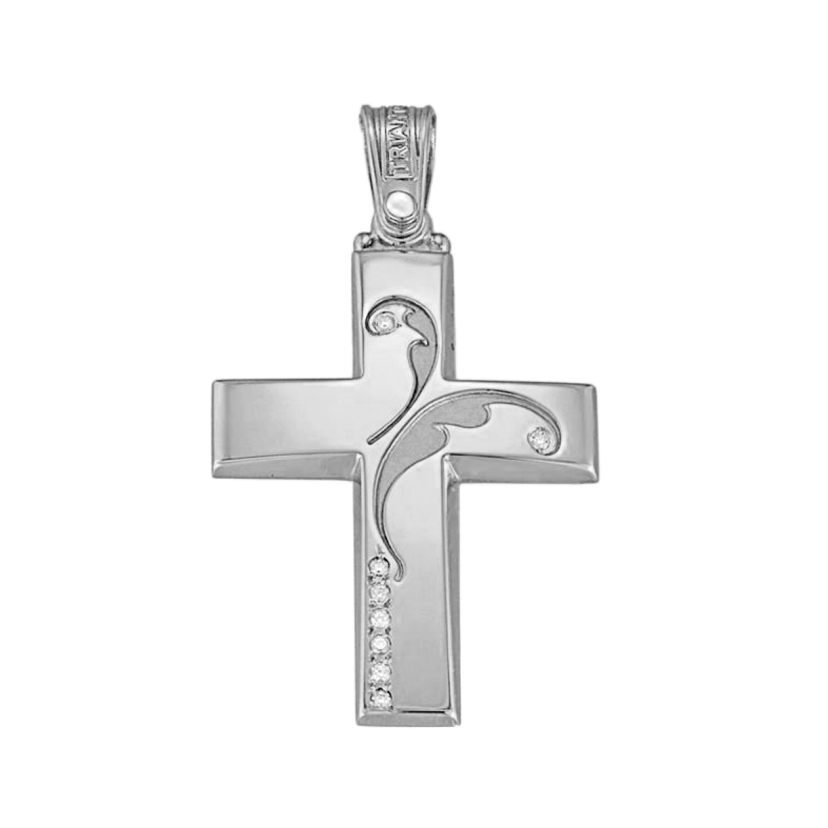 Triantos cross in White gold  pendant,  made in Greece, includes a beautifully engraved butterfly/flower  engraving with stones