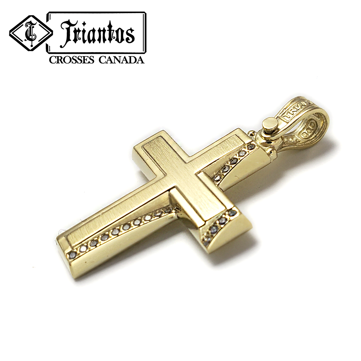 14K Yellow Gold Cross with Diamond shaped Stones on One Side