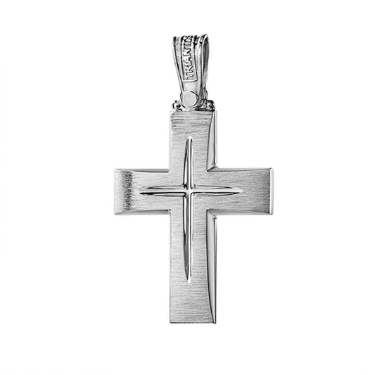 Solid Triantos 14K Gold Orthodox Christian cross with brush-stroke like finish. In the middle a Chiseled Polish Cross for design in white gold. 